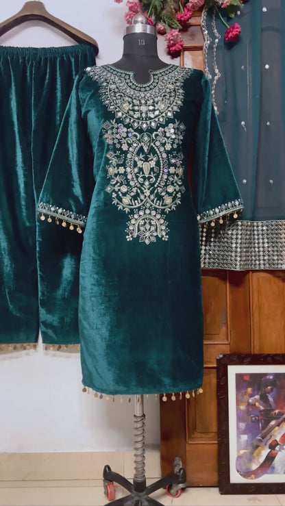 Teal green velvet heavy work designer wedding palazzo suit