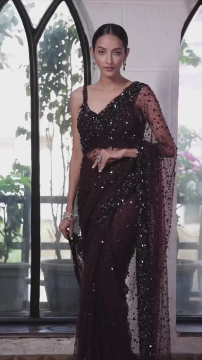 Maroon net shiny designer party wear saree