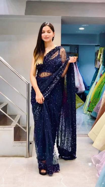 Navy blue net squin thread work designer party wear saree