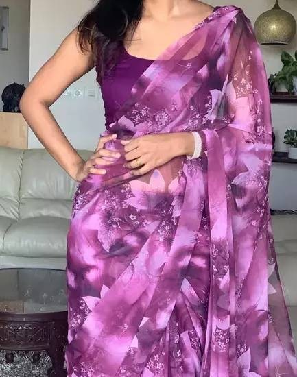 Purple cotton linen floral printed casual saree