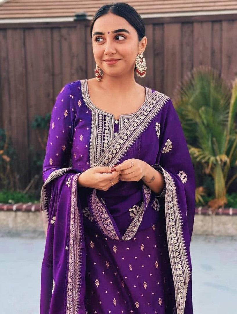 Purple embroidery worked wedding palazzo suit