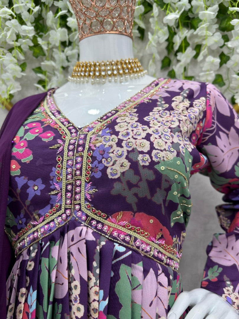 Purple floral printed handwork alia cut kurti