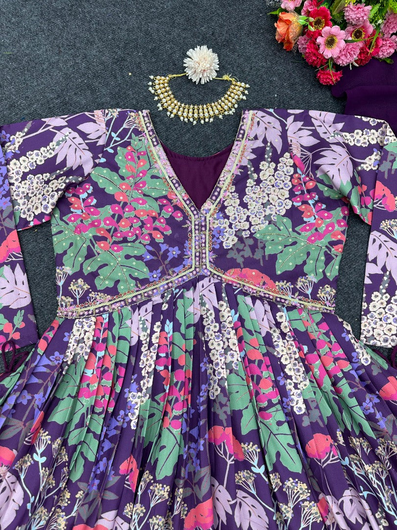 Purple floral printed handwork alia cut kurti