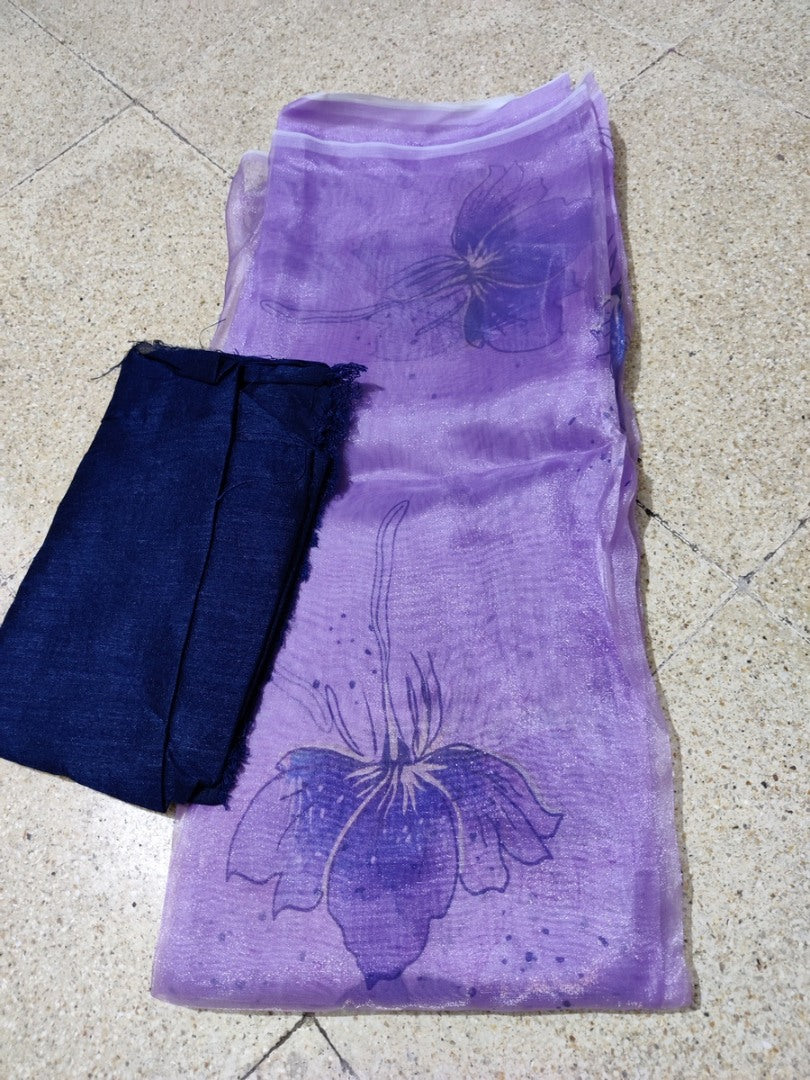 Purple floral printed organza saree