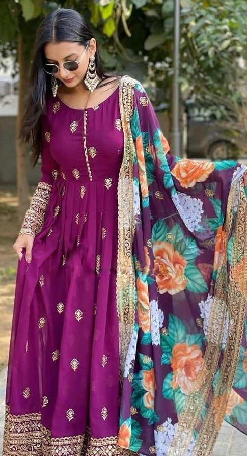 Purple georgette embroidered anarkali suit with printed dupatta