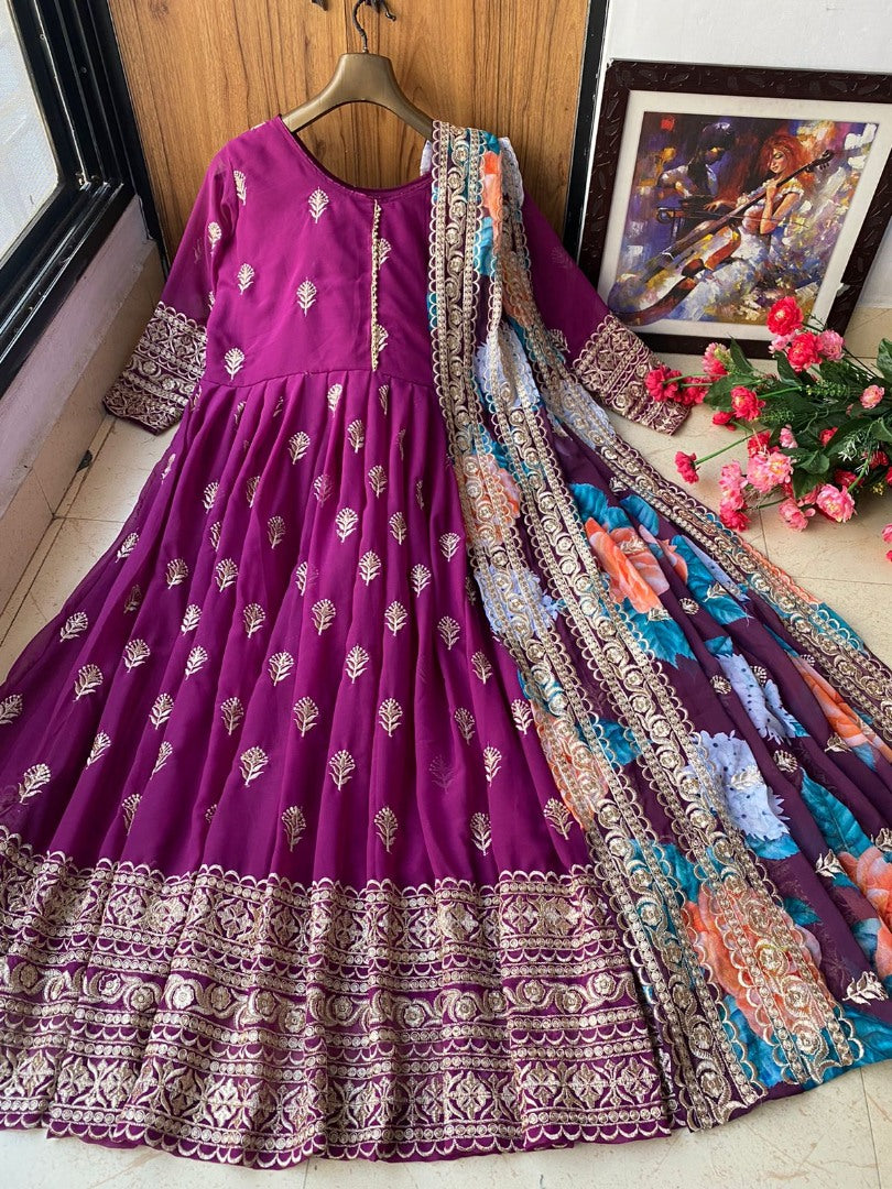 Purple georgette embroidered anarkali suit with printed dupatta