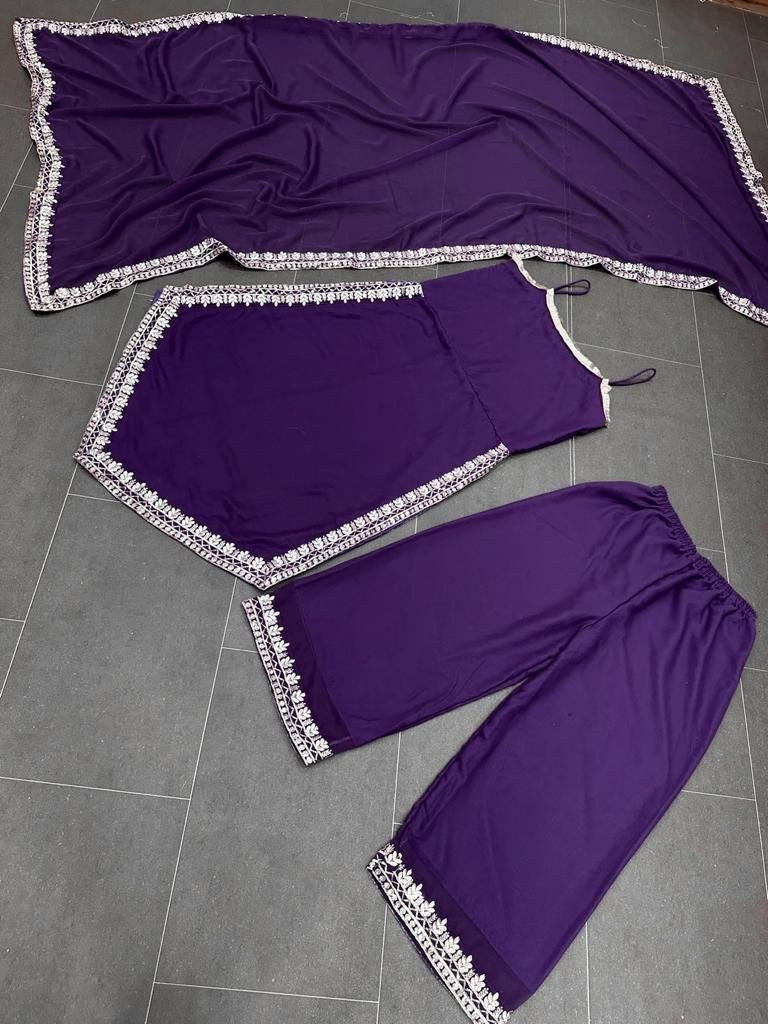 Purple georgette embroidered palazzo suit