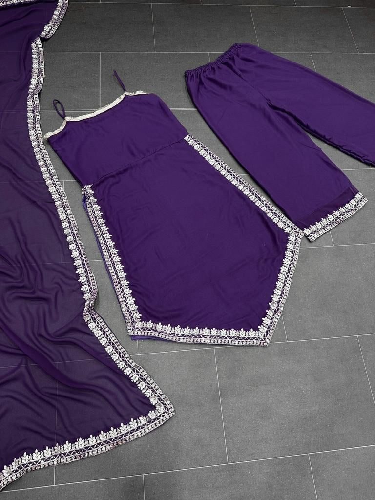 Purple georgette embroidered palazzo suit