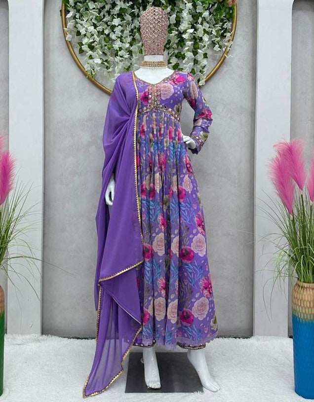 Purple georgette floral printed alia cut suit