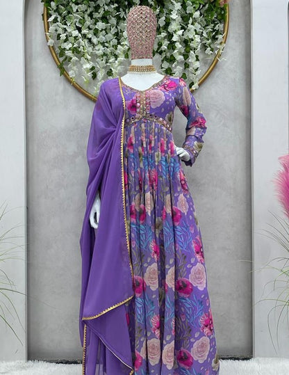 Purple georgette floral printed alia cut suit