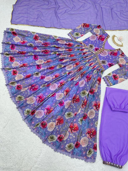 Purple georgette floral printed alia cut suit