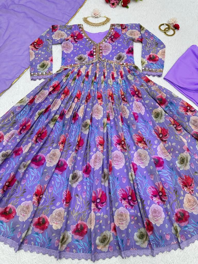 Purple georgette floral printed alia cut suit