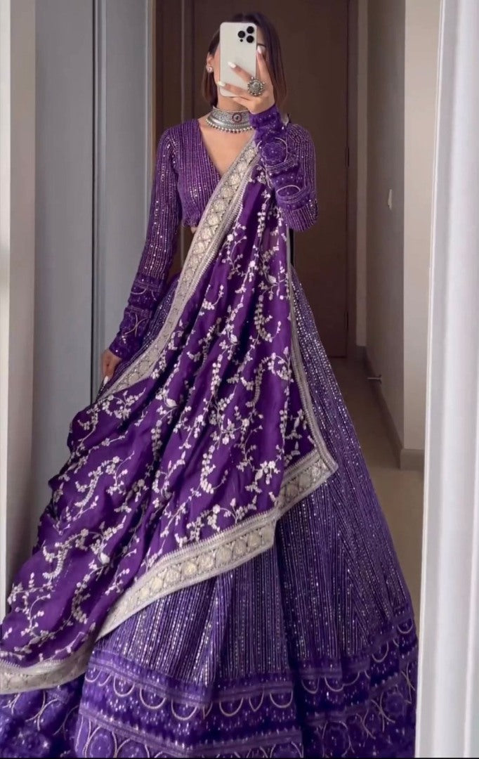 Purple georgette heavy embroidery work designer wedding lehenga choli