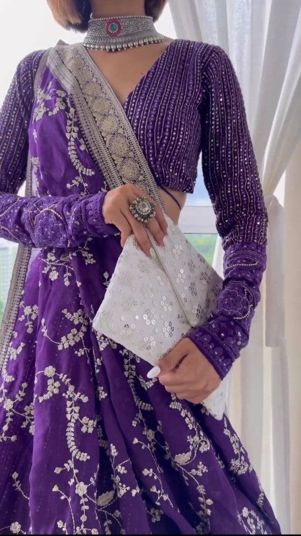 Purple georgette heavy embroidery work designer wedding lehenga choli