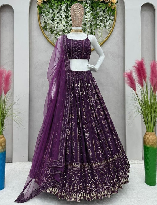 Purple georgette heavy sequence thread work wedding lehenga choli