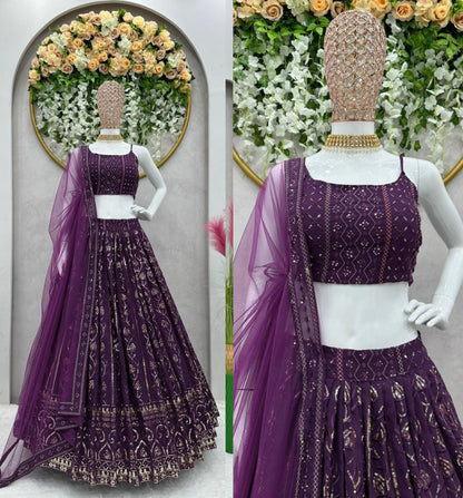 Purple georgette heavy sequence thread work wedding lehenga choli