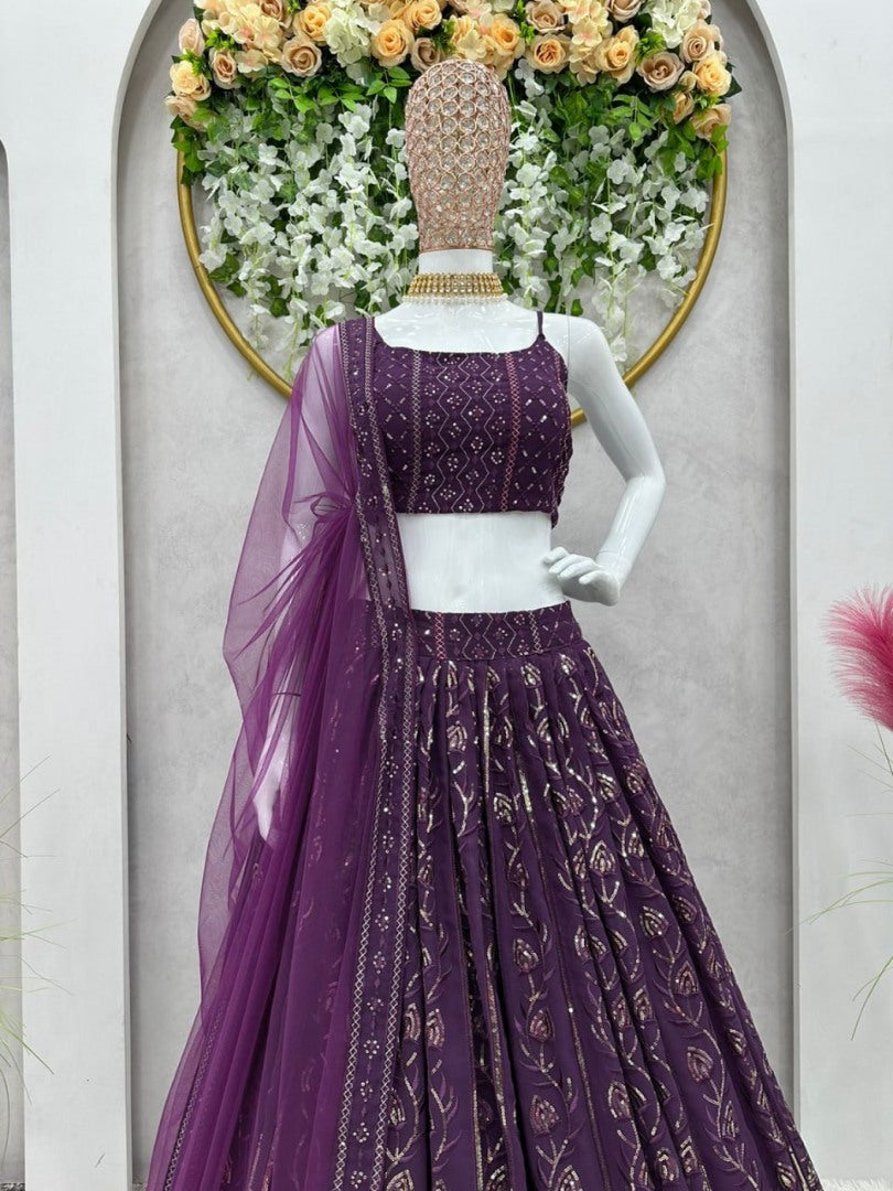 Purple georgette heavy sequence thread work wedding lehenga choli