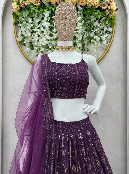 Purple georgette heavy sequence thread work wedding lehenga choli