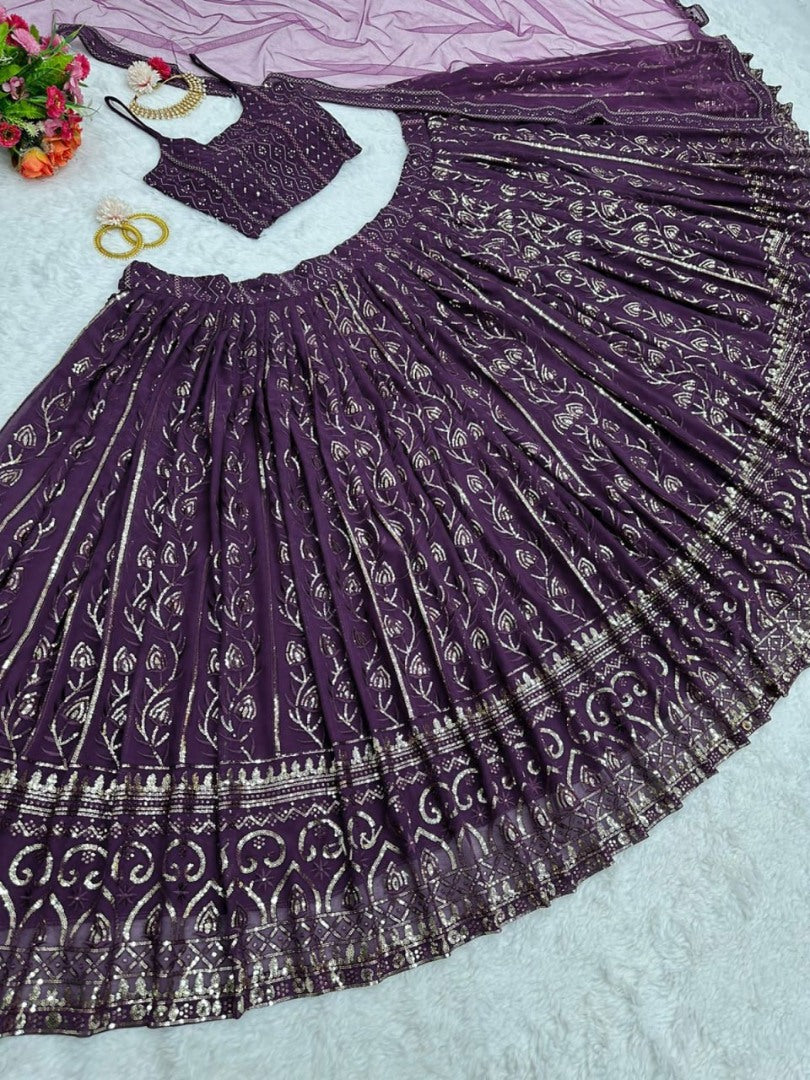 Purple georgette heavy sequence thread work wedding lehenga choli