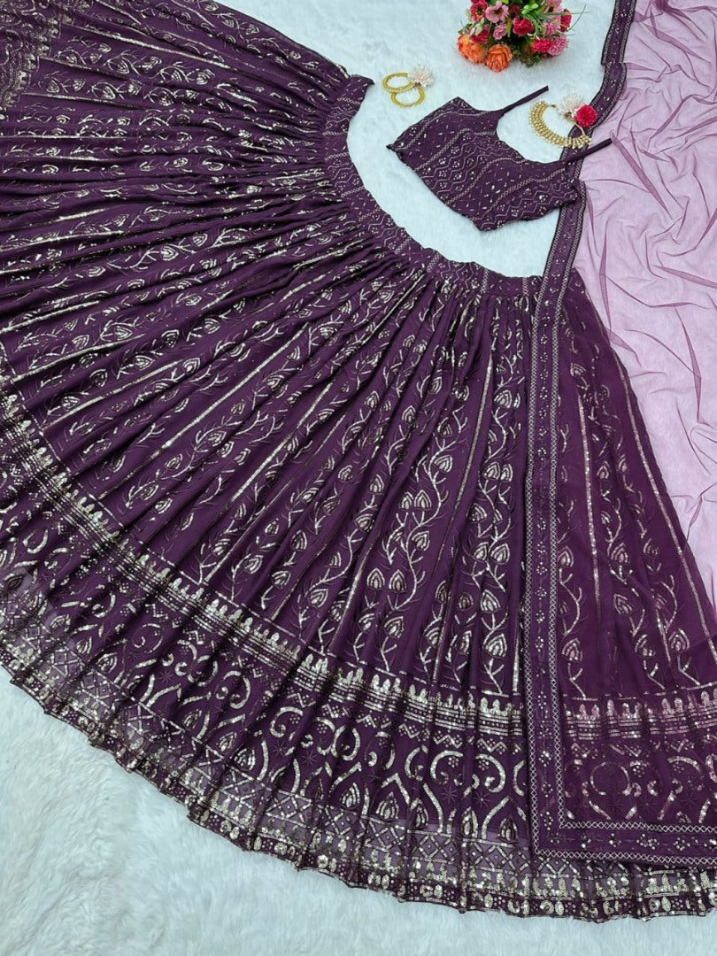 Purple georgette heavy sequence thread work wedding lehenga choli