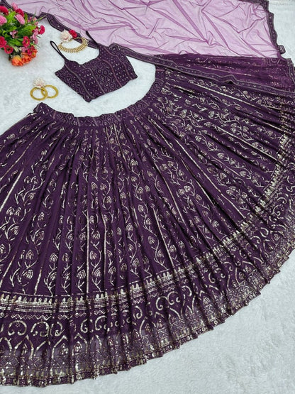 Purple georgette heavy sequence thread work wedding lehenga choli