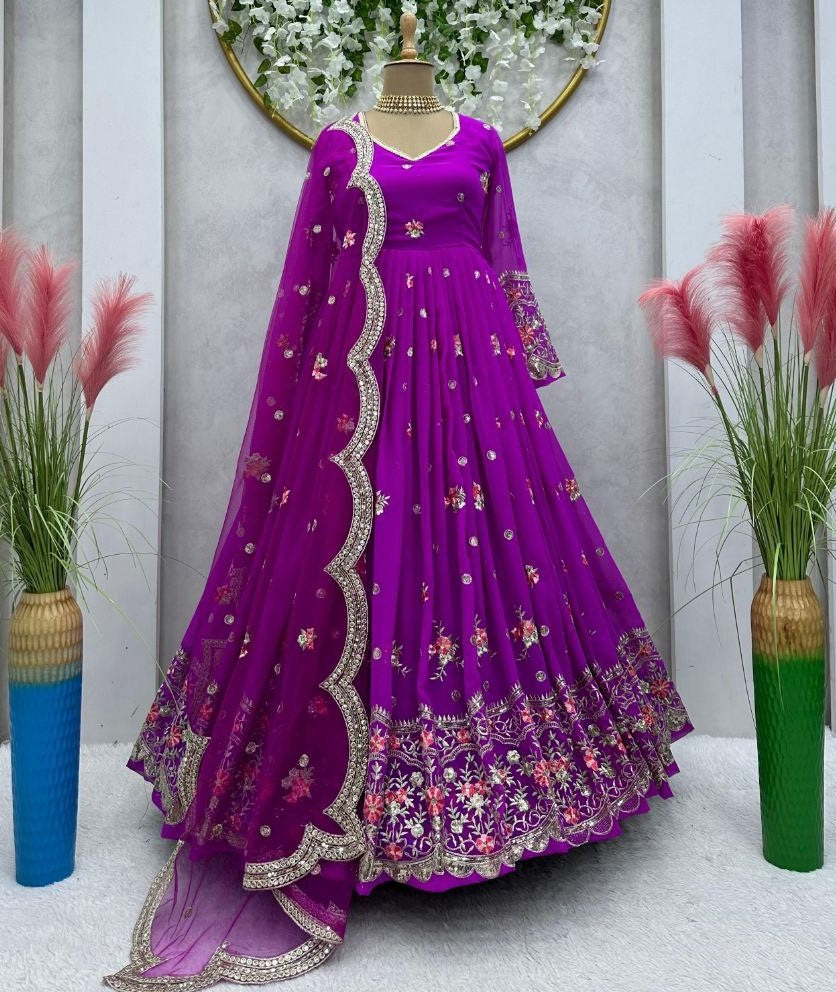 Purple georgette heavy work wedding gown