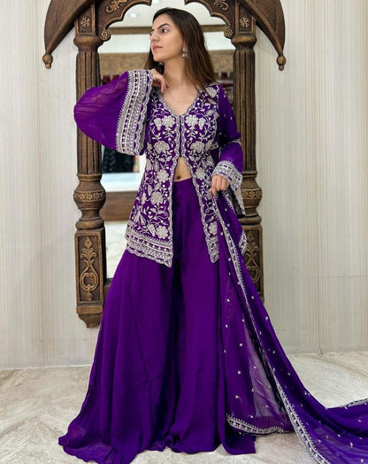 Purple georgette indowestern palazzo suit