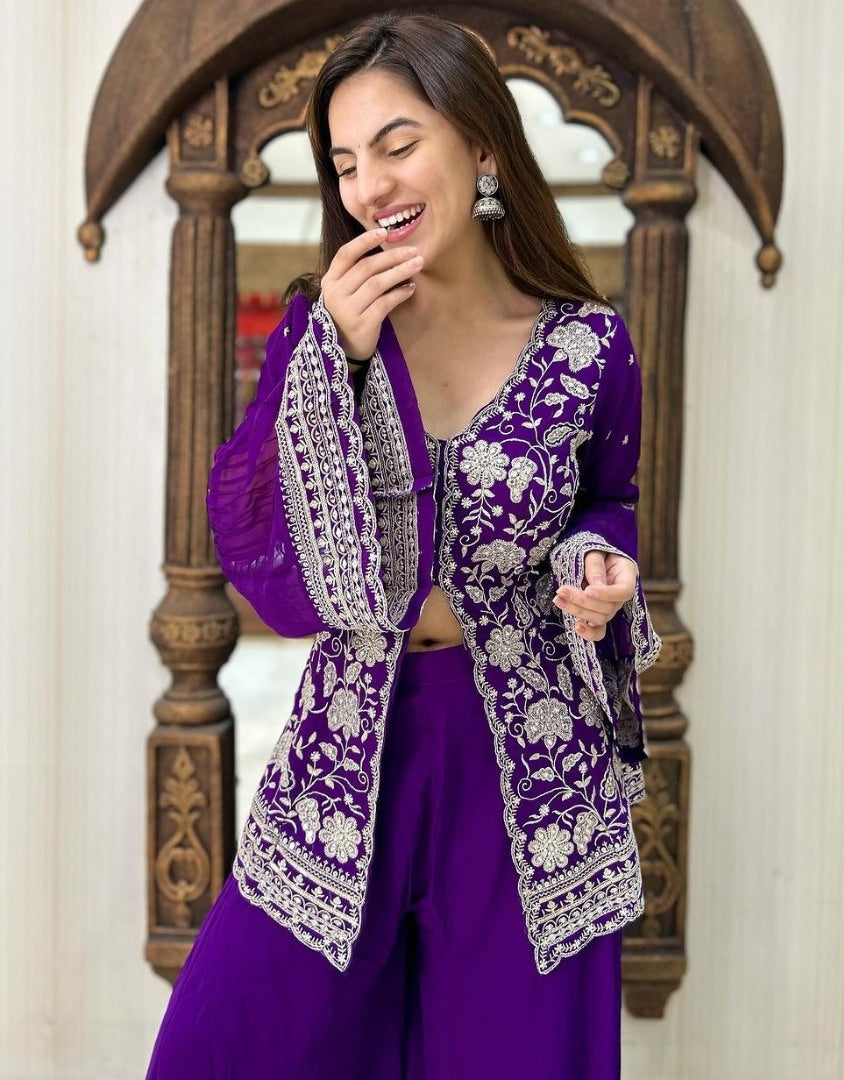 Purple georgette indowestern palazzo suit