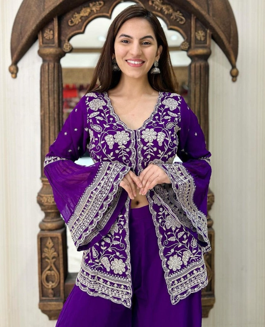 Purple georgette indowestern palazzo suit