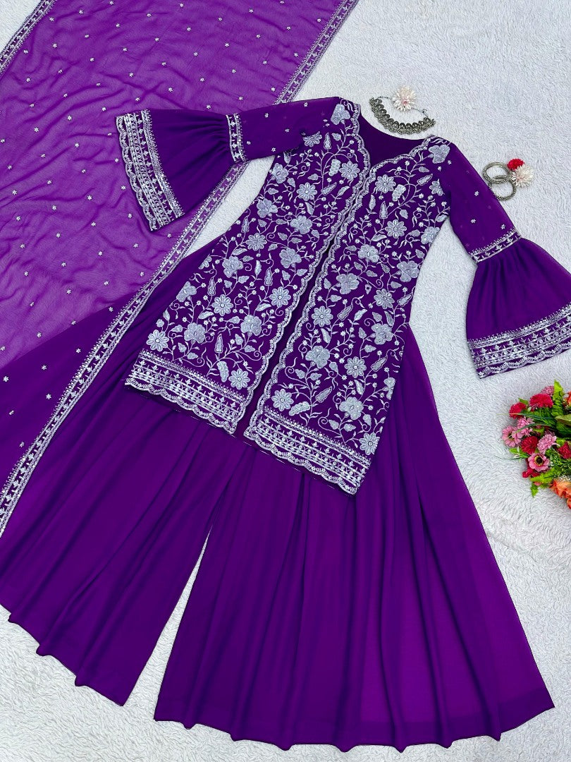 Purple georgette indowestern palazzo suit