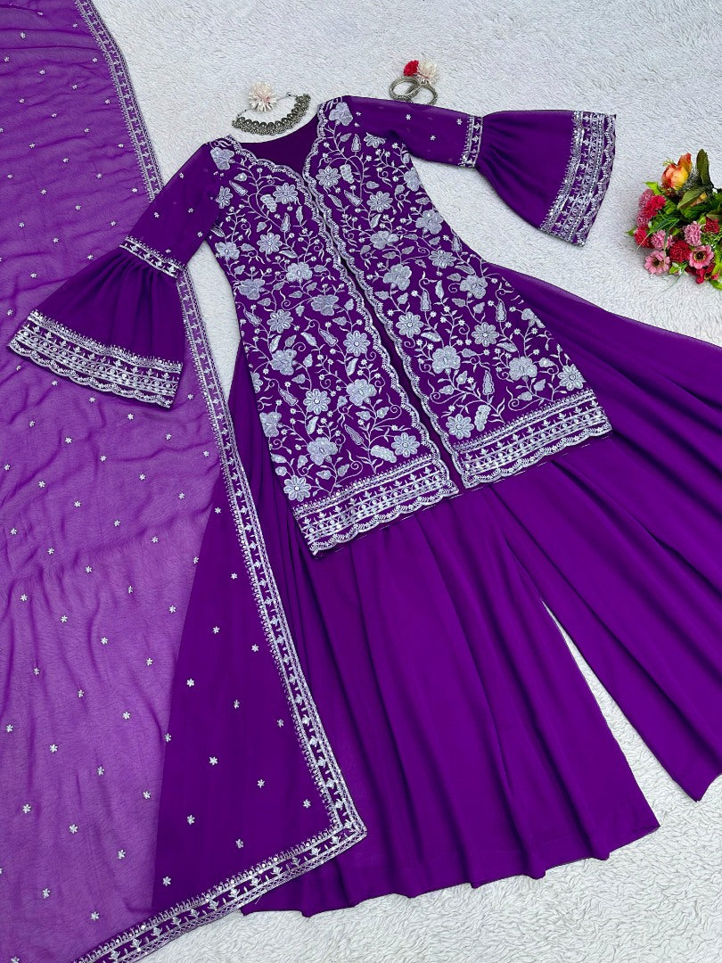 Purple georgette indowestern palazzo suit