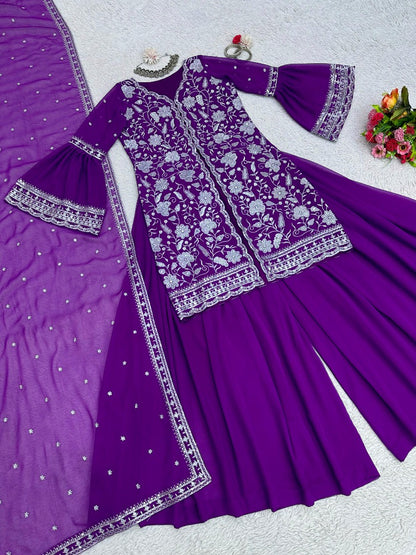 Purple georgette indowestern palazzo suit