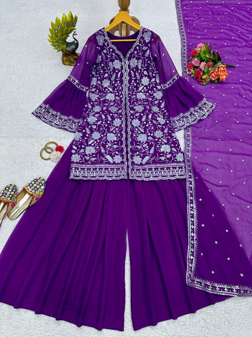 Purple georgette indowestern palazzo suit