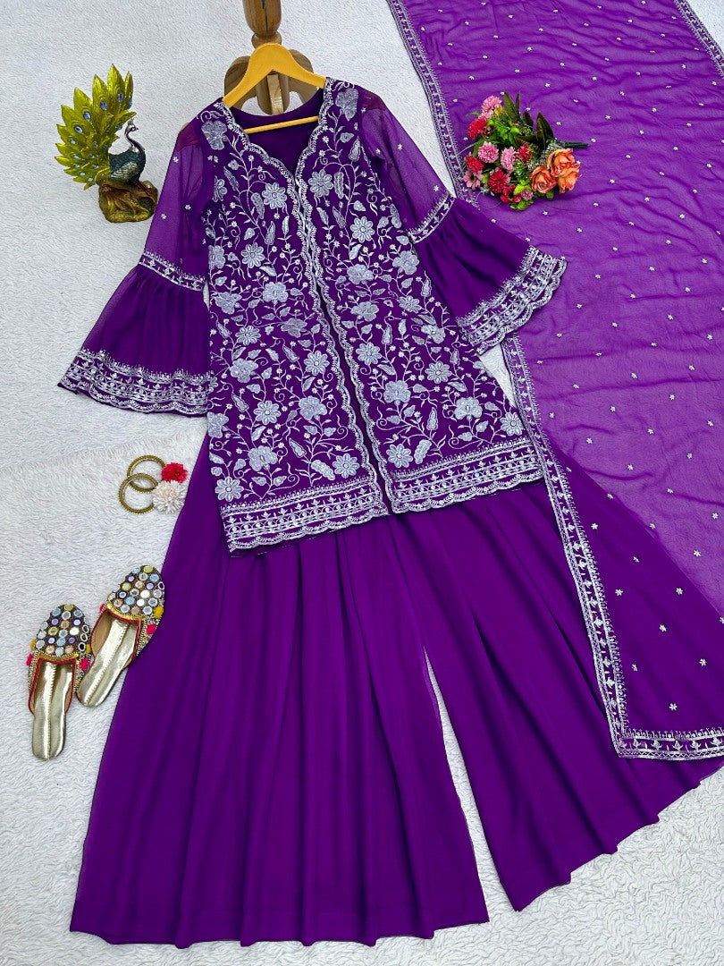 Purple georgette indowestern palazzo suit