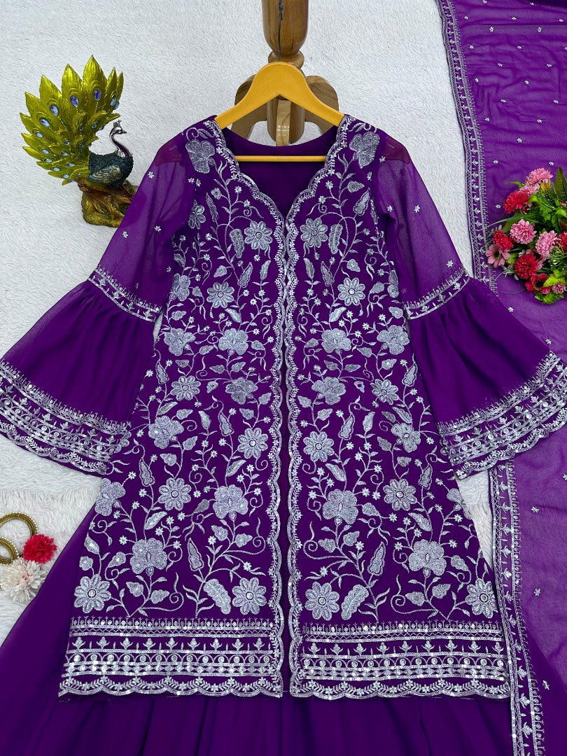 Purple georgette indowestern palazzo suit