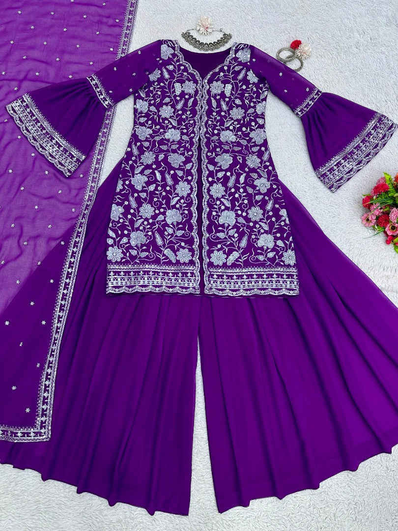 Purple georgette indowestern palazzo suit