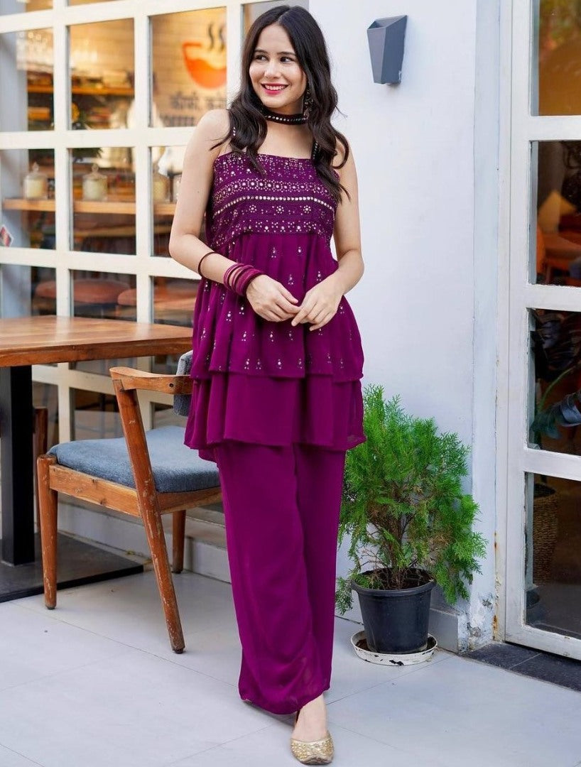 Purple georgette mirror and thread work plazzo suit