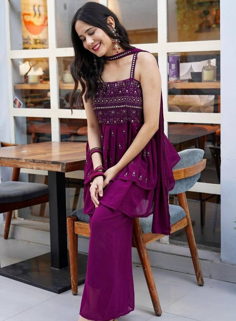 Purple georgette mirror and thread work plazzo suit