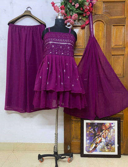 Purple georgette mirror and thread work plazzo suit