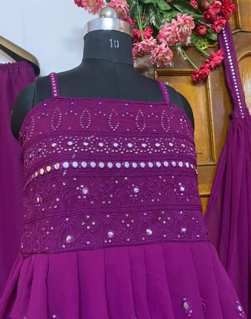 Purple georgette mirror and thread work plazzo suit