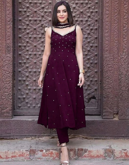 Purple georgette sequence and pearl work gown