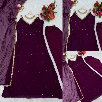 Purple georgette sequence and pearl work gown