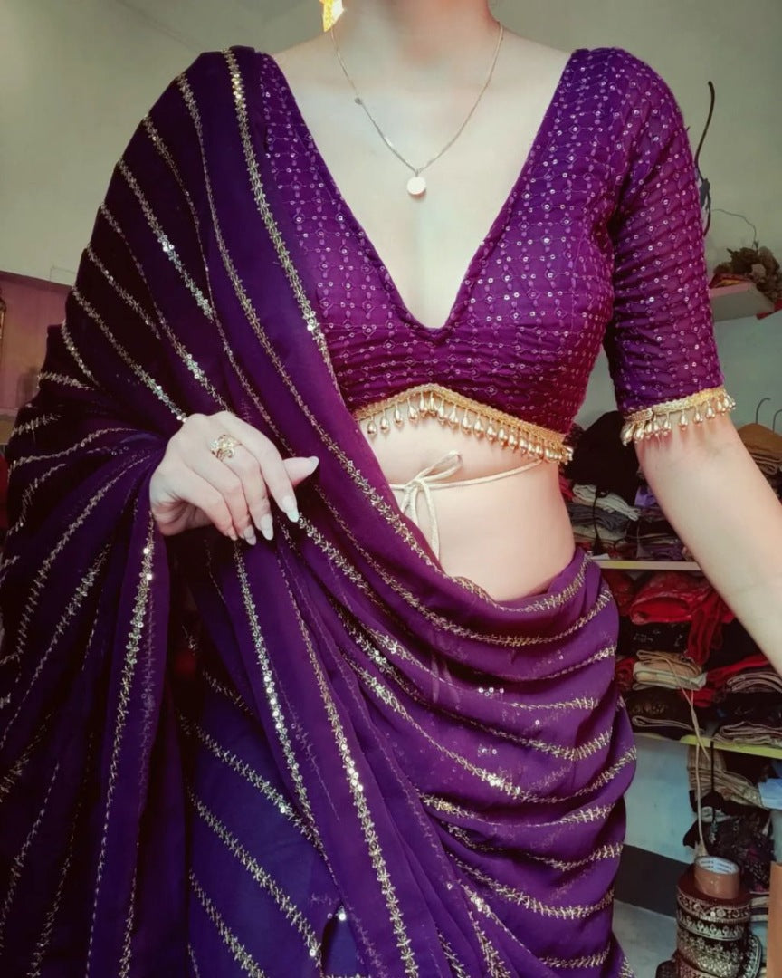 Purple georgette thread and sequence work party wear saree