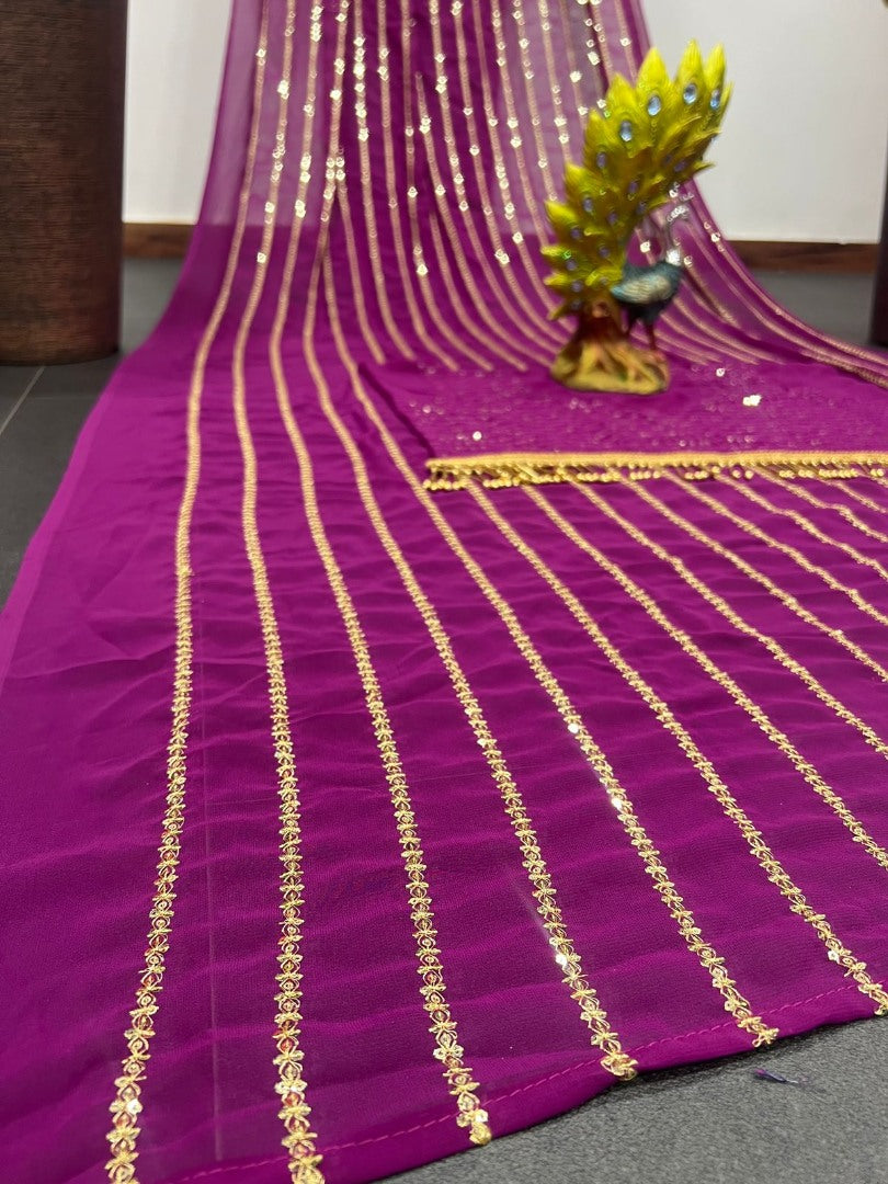 Purple georgette thread and sequence work party wear saree