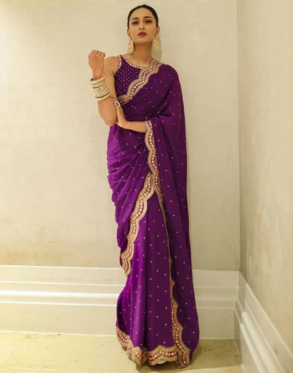Purple georgette thread moti work wedding saree