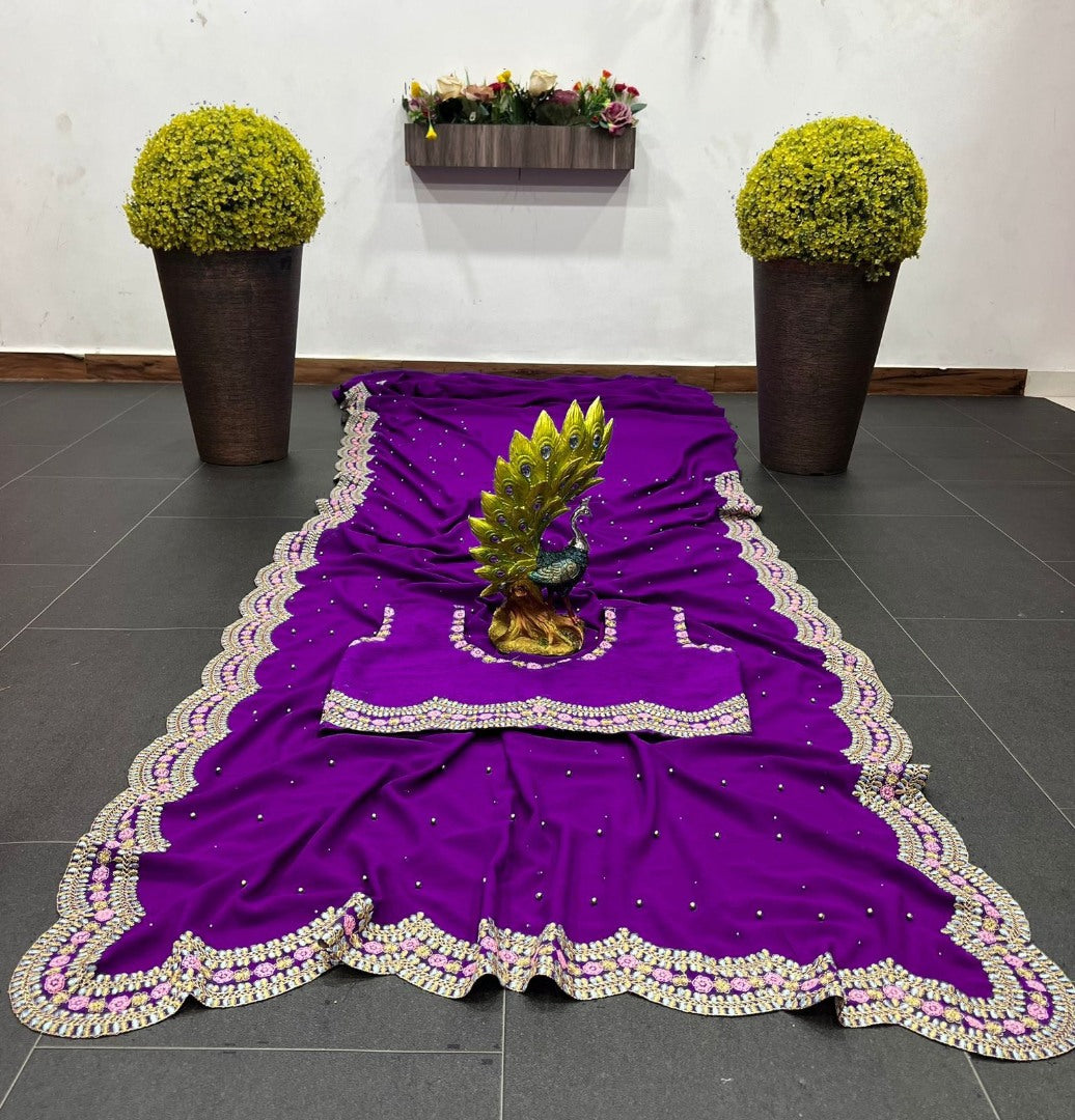 Purple georgette thread moti work wedding saree