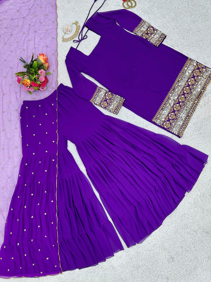 Purple georgette wedding sharara suit