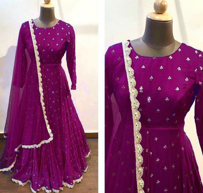 Purple heavy georgette with embroidered work party wear gown