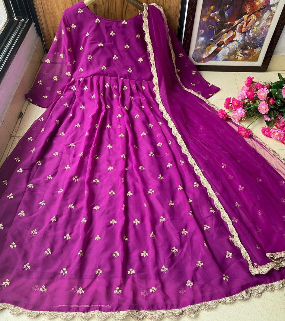 Purple heavy georgette with embroidered work party wear gown