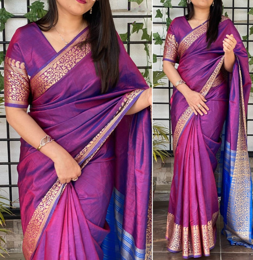 Purple heavy sana silk jacquard weaving work wedding saree